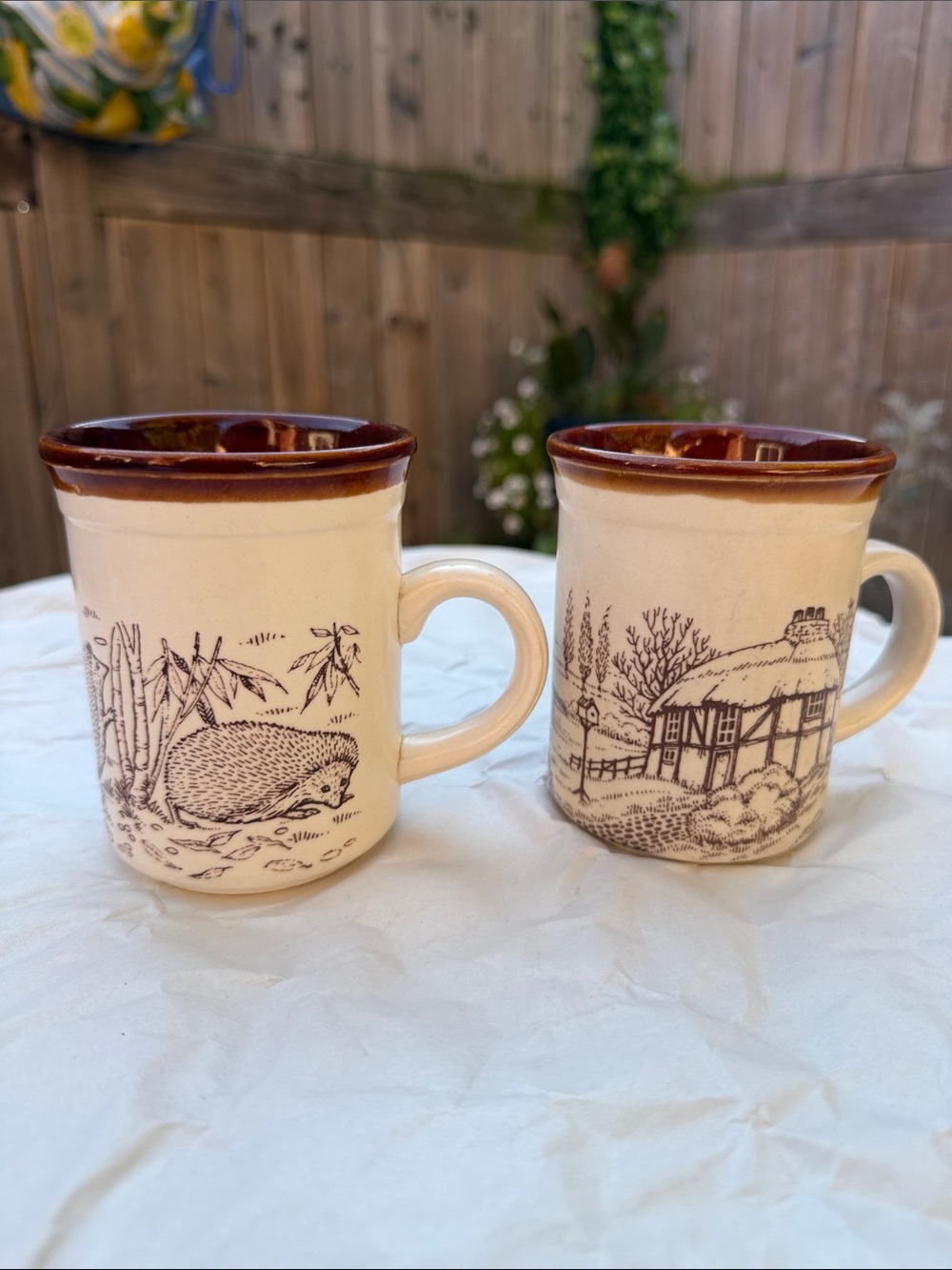 Ceramic Country Cottage Mugs 2 - Brown Rim, Cream Body vintage Biltons England